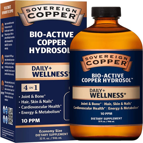 Sovereign Copper Bio-Active Copper Hydrosol, Daily+ 4-In-1 Wellness Supplement for Joint and Bone, Hair, Skin and Nails, Cardiovascular Health and Energy and Metabolism Support, 32Oz.