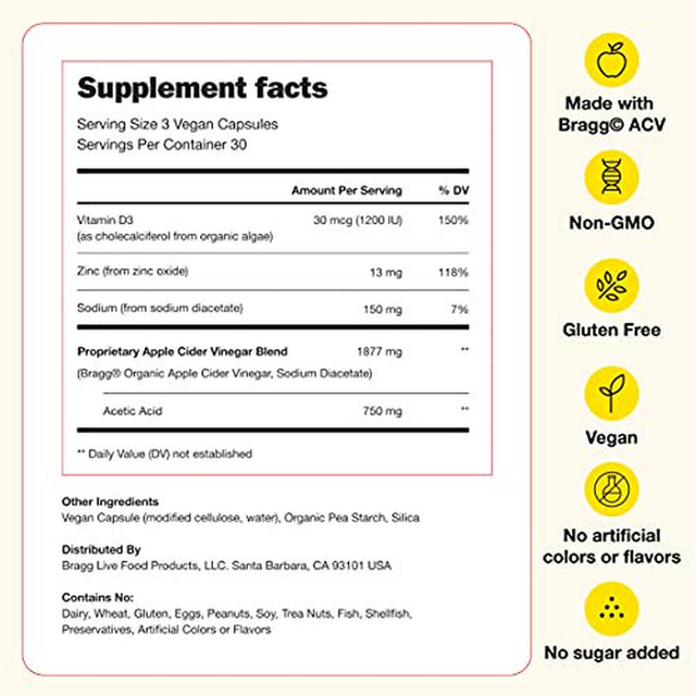 Bragg Apple Cider Vinegar Capsules - Vitamin D3 & Zinc - 750Mg of Acetic Acid – Immune & Weight Management Support - Non-Gmo, Vegan, Gluten Free, No Sugar - (90 Capsules)