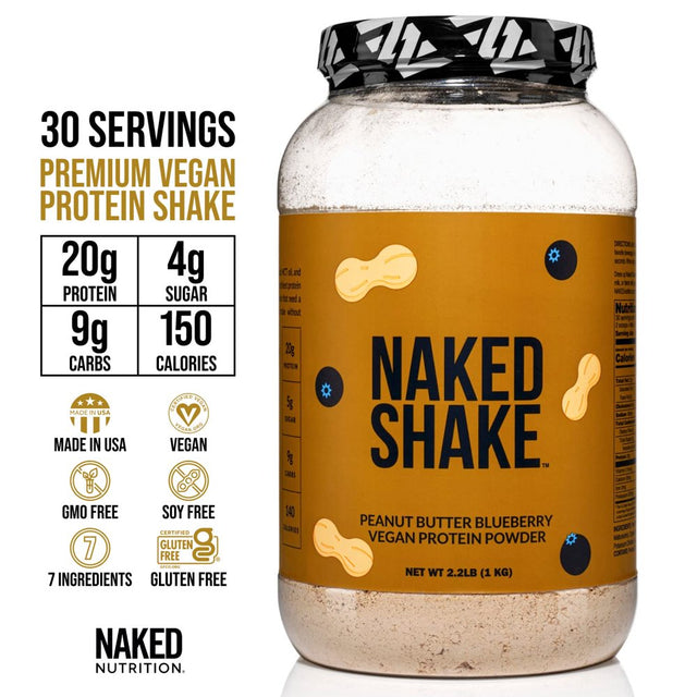 Naked Shake – Peanut Butter Blueberry Protein Powder, Plant Based Protein from US & Canadian Farms with MCT Oil, Gluten-Free, Soy-Free, No Gmos or Artificial Sweeteners – 30 Servings