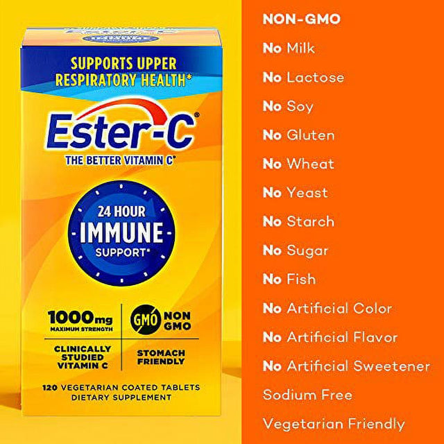 Ester-C Vitamin C 1000 Mg Coated Tablets, 120 Count, Immune System Booster, Stomach-Friendly Supplement, Gluten-Free