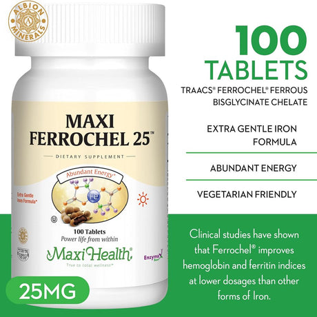 Maxi Iron Supplement - Gentle Iron Supplements for Men & Women - Ferrous Fumarate - Ferrochel 25 MG for Anemia & Red Blood Cell Production - Chelated Iron Pills - 100 Kosher Tablets by Maxi Health