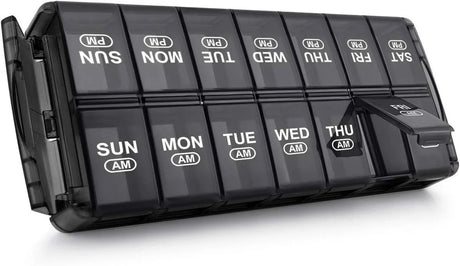 Sukuos 7 Day Weekly Pill Organizer with 2 Times a Day Compartment - AM PM, Pill Holder, Daily Pill Box Planner for Pills, Vitamins, Fish Oil, Supplements, Extra Large with Moisture Proof, Black