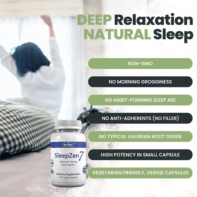 Dr.K&C Sleepzen7 Sleep Aid Supplement – 1200 Mg 100 Veggie Capsules All Natural Botanical Plant Sourced Sleeping Support Organic Tart Cherry Valerian Root Extract No Filler Non GMO