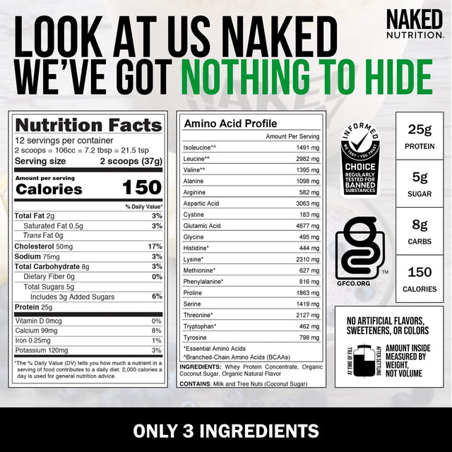 NAKED Nutrition Vanilla Whey Protein 1Lb, Only 3 Ingredients, All Natural Grass Fed Whey Protein Powder + Vanilla + Coconut Sugar- Gmo-Free, Soy Free, Gluten Free. Aid Muscle Growth, 12 Servings