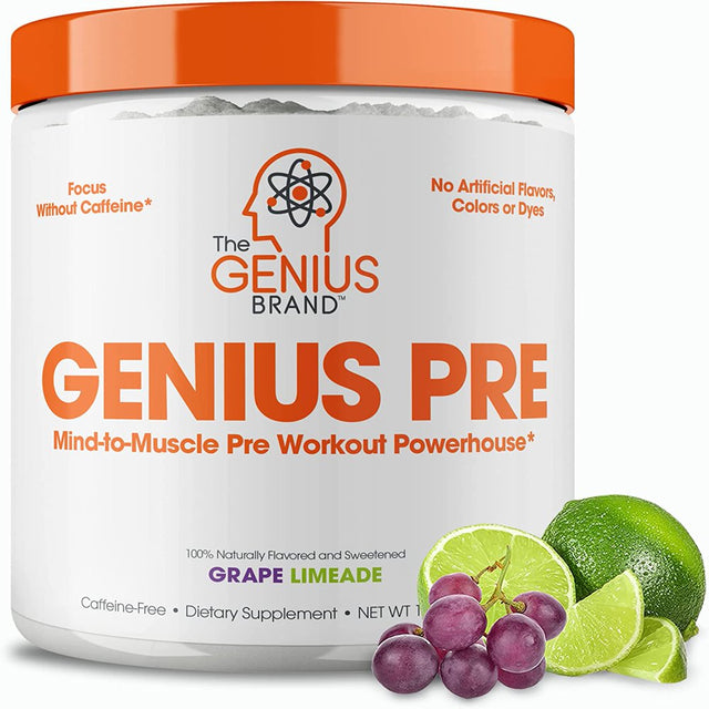 Pre-Workout Natural Energy Supplement Caffeine-Free Nootropic Focus & Muscle Building Support, Grape Limeade, Genius Pre by the Genius Brand