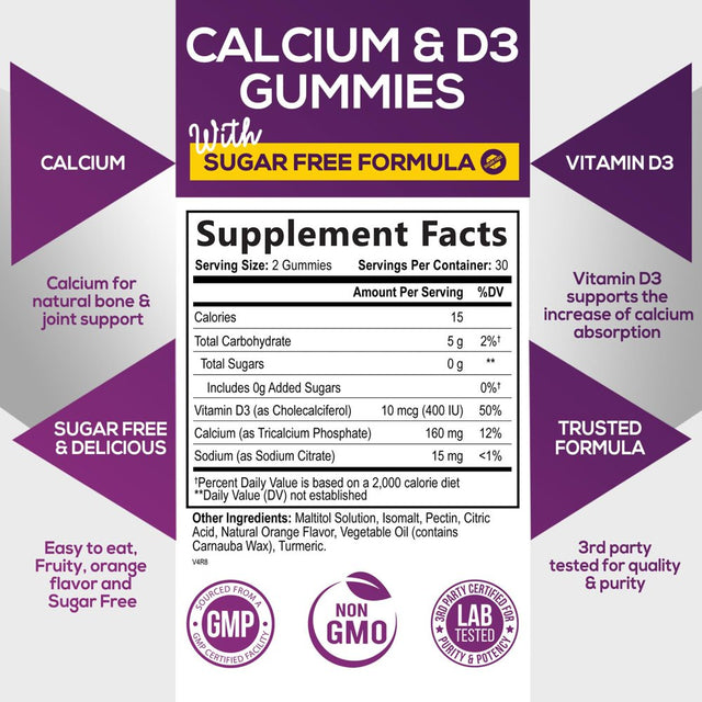 Sugar Free Calcium Gummy Bites plus 400 IU Vitamin D3, Bone Health & Immune Support, Supports Bone Strength - Chewable Calcium Nutrition Supplement, Non-Gmo, Berry Flavor Chews - 60 Gummies