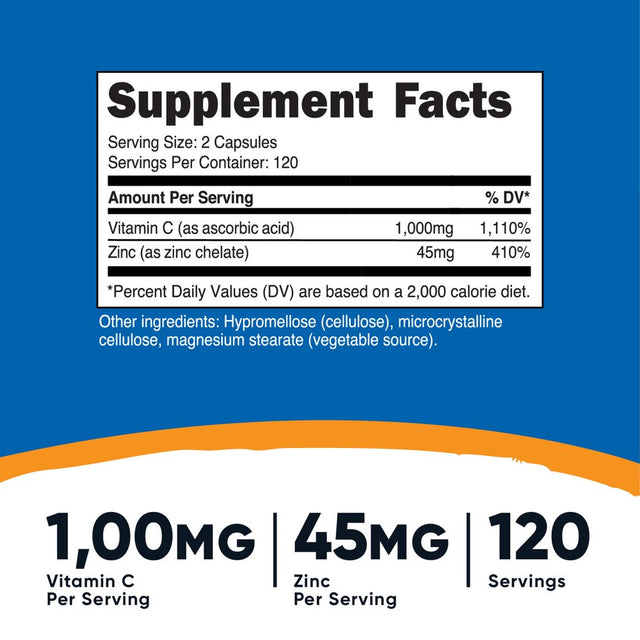 Nutricost Vitamin C with Zinc, 120 Servings - Non-Gmo, Gluten Free Supplement