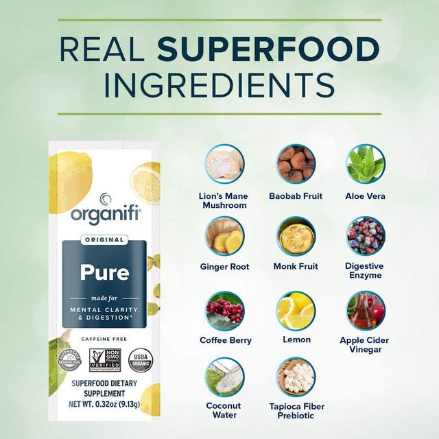 Organifi: Pure Smart Packs - Organic Brain Boost Superfood Solution Revitalize & Alkalize for Daily Mental Focu 30 Packets - Lemon Flavor (Box Open but Unused)