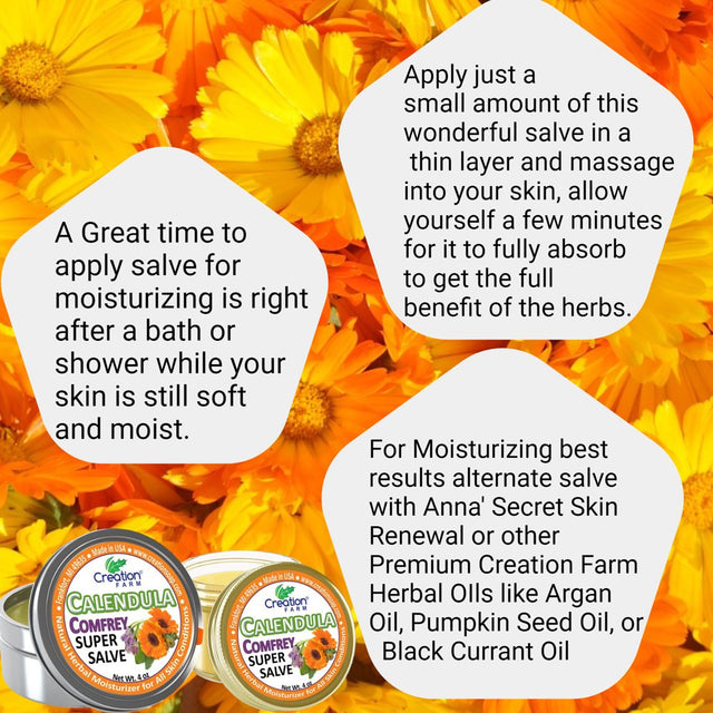 Creation Farm Calendula Comfrey Salve Jar 4 Oz, Herbal Skin Rash Ointment, Wound Treatment