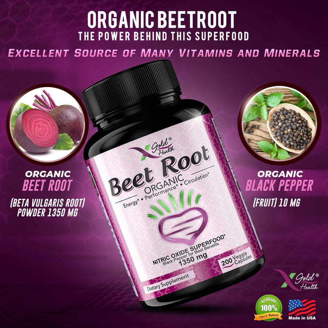 Organic Beet Root Powder 1350Mg 200 Veggie Caps Superfood Nitric Oxide Strongest Premium Supplement Natural Nitrates W/Black Pepper for Best Benefits - Vegan, Non-Gmo, & Gluten-Free Made in USA