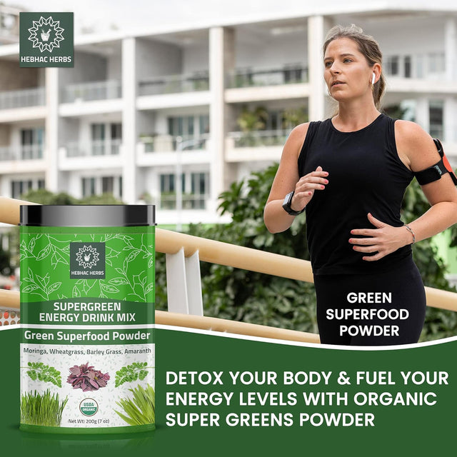 Organic Super Green Energy Drink Mix 200G (7 Oz) Moringa Powder, Wheat Grass Powder, Barley Grass Powder, Amaranth Powder, Greens Superfood Detox Powder, Natural Energy Drink Mix 200G