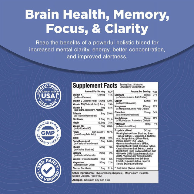 Nootropics Brain Supplement Support - Memory Booster for Mind Focus 60 Capsules