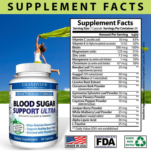 Blood Sugar Support Ultra - Helps Normalize Blood Sugar Levels Cardiovascular Health Promotes Healthy Pancreatic Function Aids in Weight Loss Protects Immune System