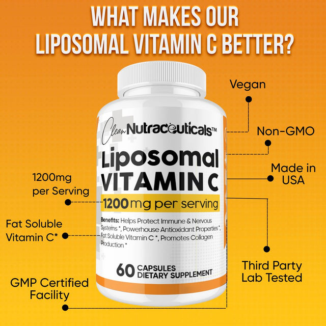 Liposomal Vitamin C Capsules 1200Mg High Absorption Vit C, Immune System & Collagen Booster, Fat Soluble Immunity Support Ascorbic Acid Supplement, 180 Natural Vegan Capsules