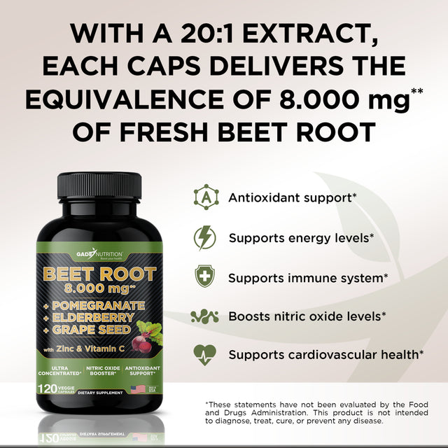 Beet Root Powder Capsules 20X Concentrated 8000Mg Extra Strength Formula, Beetroot Extract, Elderberry with Vitamin C and Zinc, Pomegranate, Grape Seed, Nitric Oxide Supplement - Non-Gmo - USA Made.