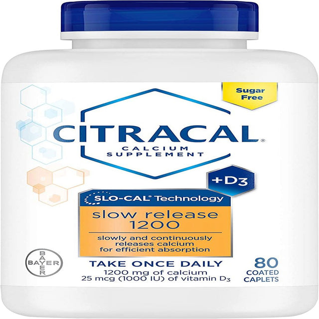 Citracal Slow Release 1200, 1200 Mg Calcium Citrate and Calcium Carbonate Blend with 1000 IU Vitamin D3, Bone Health Supplement for Adults, Once Daily Caplets, 80 Count