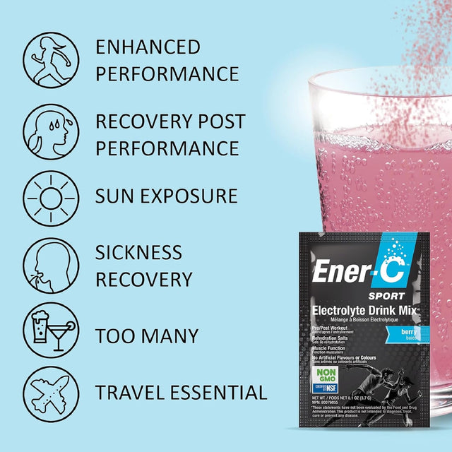 Ener-C Sport Electrolyte Hydration Drink Mix Powder Vitamin C Magnesium Zinc & Electrolytes Support Muscle Recovery, Energy & Immunity - Caffeine Free Low Sugar Vegan Mixed Berry - 45 Servings