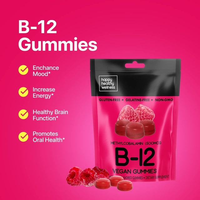 Happy Healthy Wellness B-12 Vegan Gummies for Women - Gelatin & Gluten Free Chewable Gummy for Immune Support & Digestion - Perfect Dietary Supplement - Raspberry