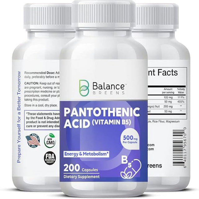 Balancebreens Pantothenic Acid 500 Mg - Vitamin B5 Supplement - 200 Capsules - Promotes Increased Energy Levels & Metabolism - Healthy Skin, Hair, and Eyes