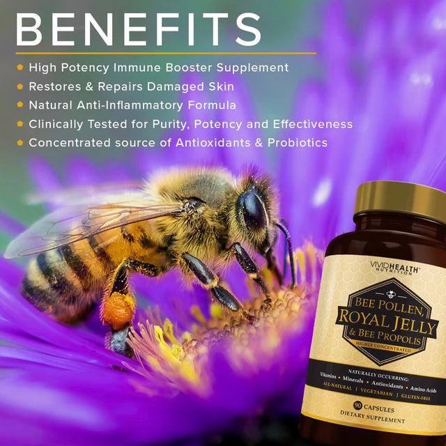 Immune Boosting, Pure Royal Jelly Capsules with Bee Pollen, Bee Propolis, 90 Veggie Caps