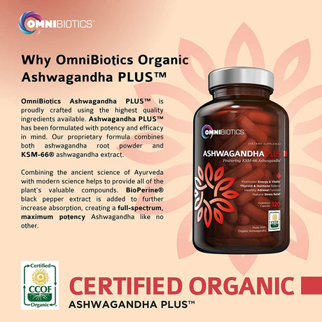 Organic Ashwagandha Supplement 1300 Mg with KSM-66 Extract by Omnibiotics - 120 Vegan Capsules