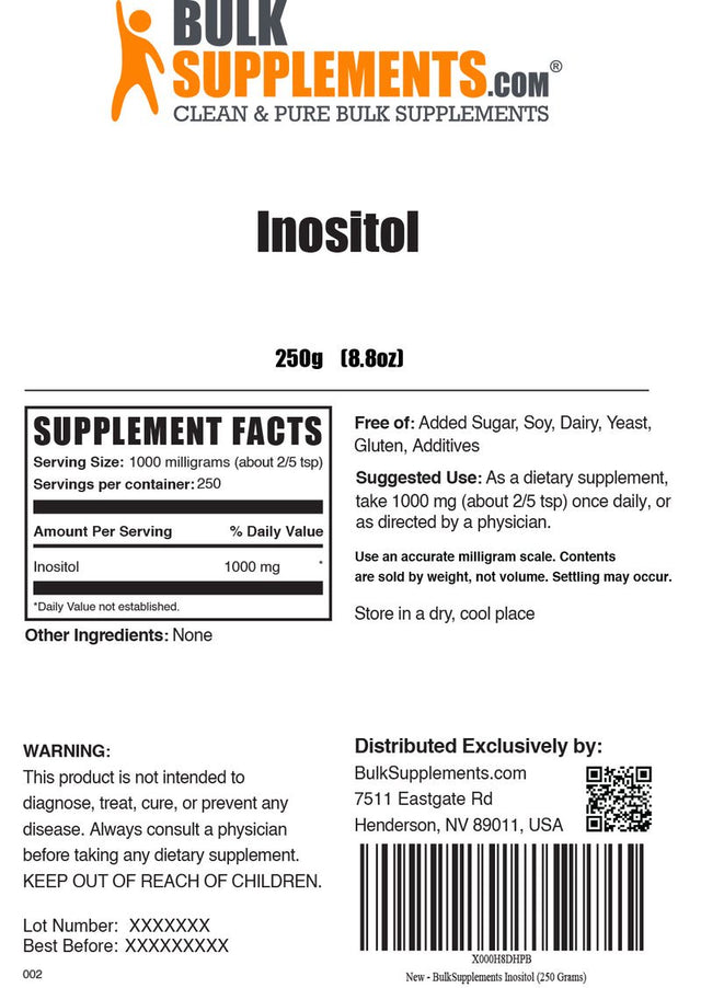 Bulksupplements.Com Inositol (Vitamin B8) Powder, 1000Mg - Heart & Lung Support (250G - 250 Servings)