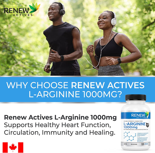 Renew Actives L-Arginine 1000Mg, 120 Count, Maximum Potency Pre Workout Amino Energy Supplement, for Muscle Recovery and Metabolism Booster, Easy to Swallow, Non-Gmo, Gluten-Free, Made in Canada!