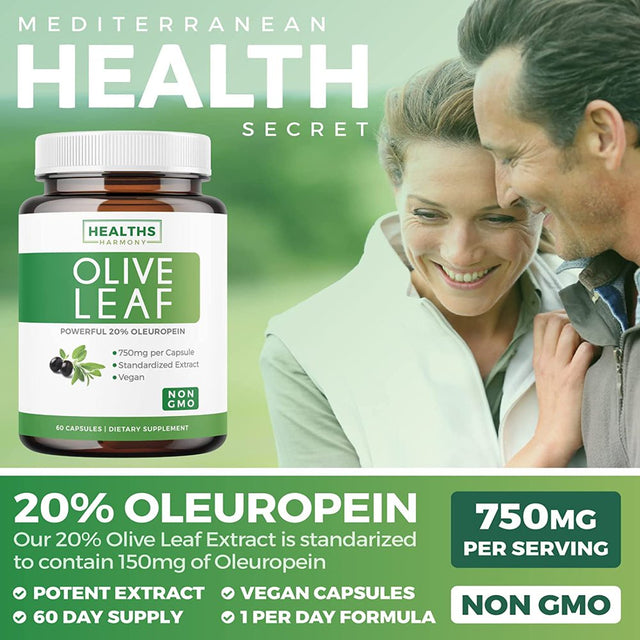 Healths Harmony Olive Leaf Extract Supplement (NON-GMO): 20% Oleuropein - 750Mg - Vegetarian - Immune Support, Cardiovascular Health & Antioxidant Supplement - No Oil - 60 Capsules