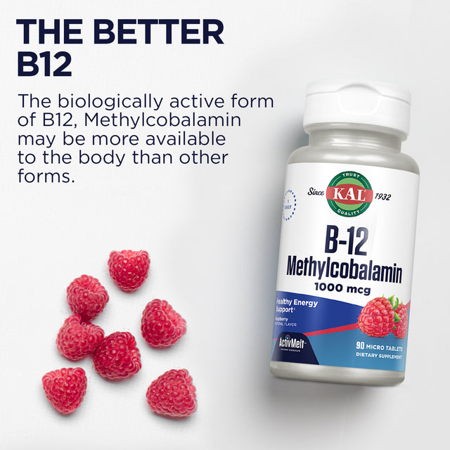 KAL B-12 Methylcobalamin Activmelt 1000 Mcg | Natural Raspberry Flavor | Healthy Metabolism, Energy, Nerve & Red Blood Cell Support | 90 Micro Tablets