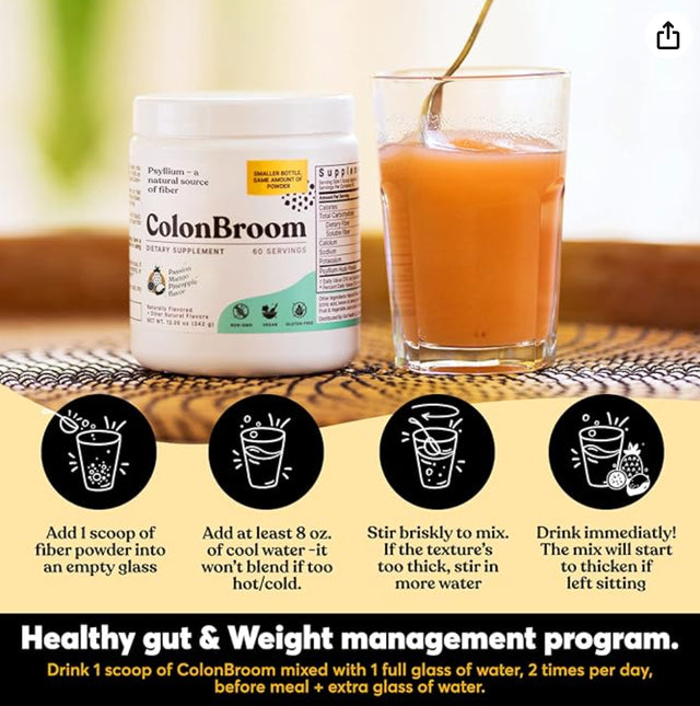 Colonbroom Psyllium Husk Powder Colon Cleanser (Tropical Fruits) - Vegan, Gluten Free Fiber Supplement - Colon Broom Safe Colon Cleanse for Bloating Relief & Gut Health (60 Servings)