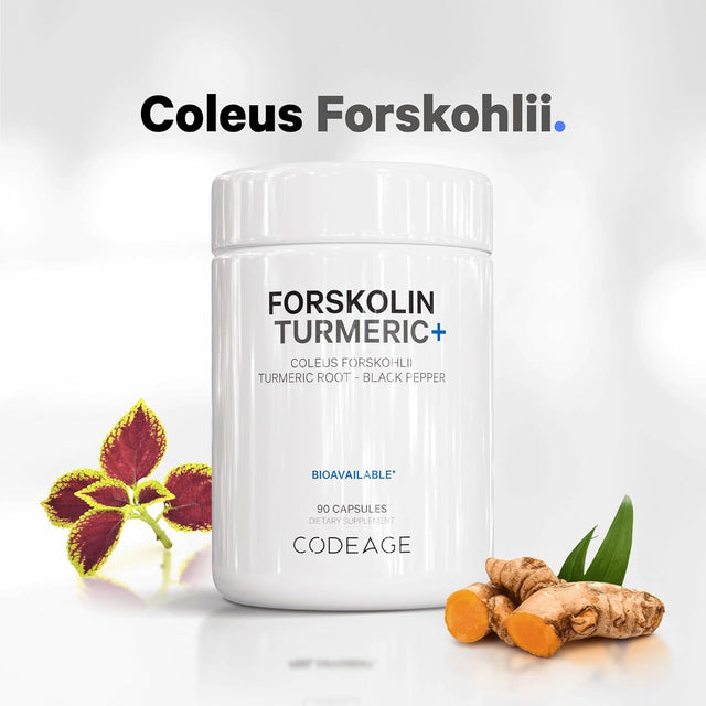 Codeage Forskolin, Pure Forskolin Coleus + Organic Turmeric Root Powder, 95% Curcuminoids + Bioperine Black Pepper for Absorption - 20% Standardized Coleus Forskohlii, Non-Gmo, 90 Capsules