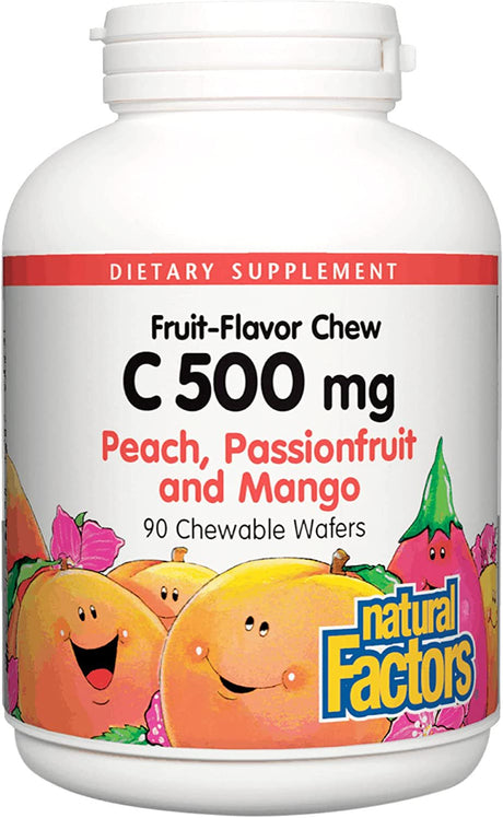 Natural Factors, Kids Chewable Vitamin C 500 Mg, Supports Immune Health, Bones, Teeth and Gums, Peach, Passionfruit and Mango, 90 Wafers