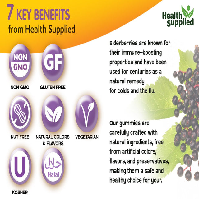 Health Supplied Sambucus Black Elderberry Gummies for Kids | Triple Immune Support | Elderberry plus Vitamin C & D