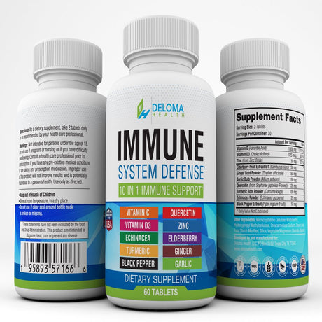 10 in 1 Immune System Support Supplement with Vitamin C, Quercetin, D3, Zinc, Elderberry, Echinacea, Turmeric, Ginger, Black Pepper and Garlic by Deloma Health