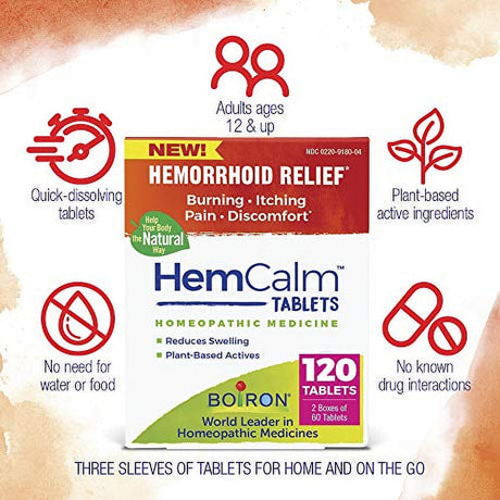 Boiron Hemcalm Tablets for Hemorrhoid Relief of Pain, Itching, Swelling or Discomfort - 120 Count (2 Pack of 60)