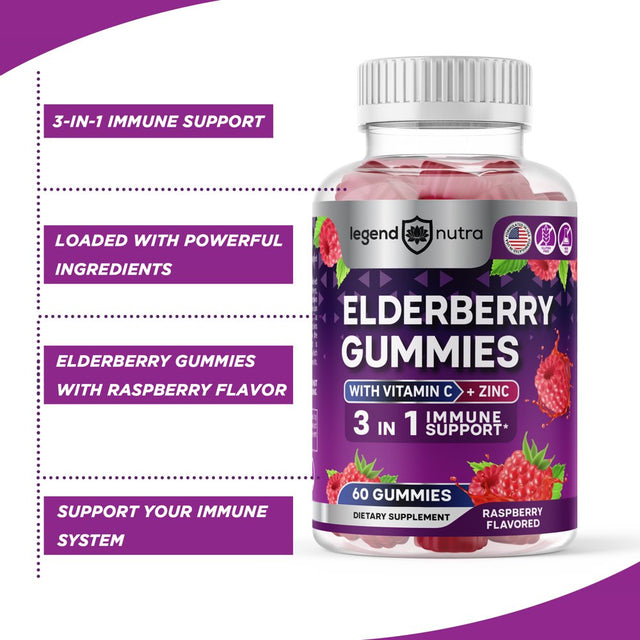 Elderberry Gummies with Vitamin C and Zinc, 3 in 1 Immune Support, 60 Count Sambucus Elderberry Gummies Raspberry Flavored, Dietary Supplement