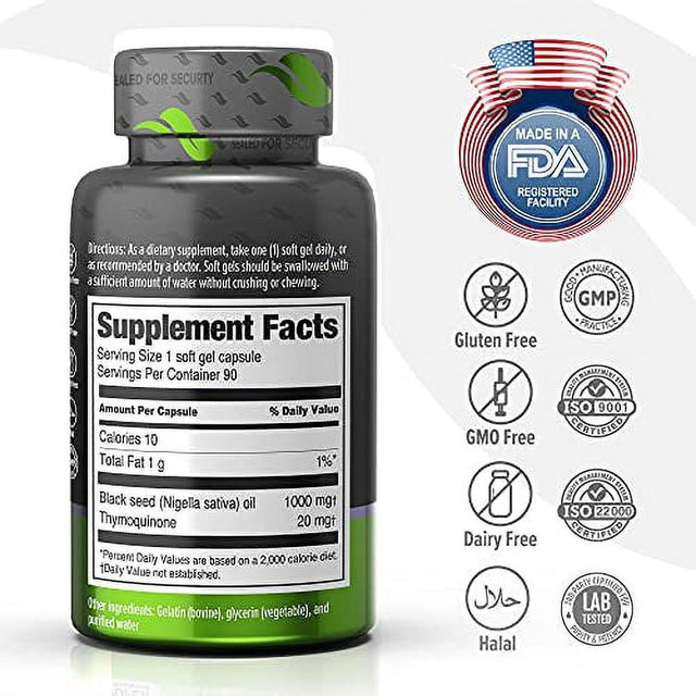 ORZAX Black Seed Oil Capsules, 90 Days Supply, 2% Thymoquinone, Non-Gmo, Gluten Free, Cold Pressed Black Cumin Pills, Nigella Sativa Supports Immune System, Joints, Hair Growth, Skin