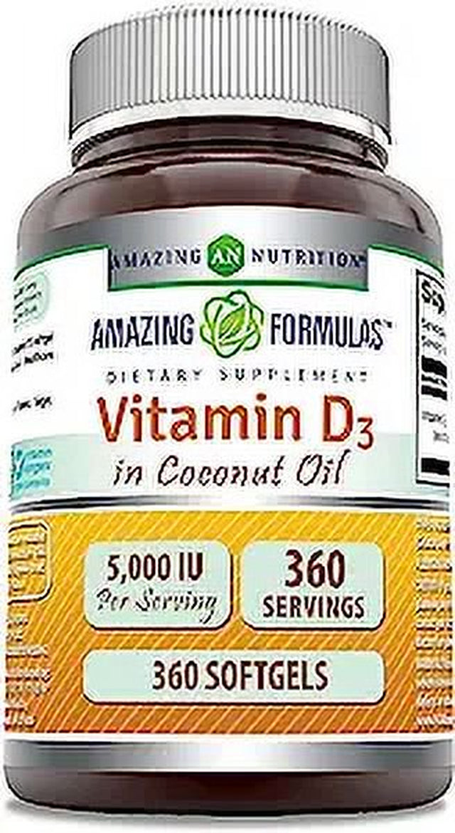 Amazing Formulas Vitamin D3 with Coconut Oil 5000 IU 360 Softgels Supplement | Non-Gmo | Gluten Free | Made in USA