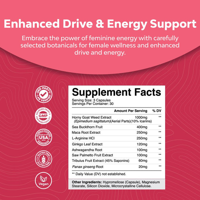 Horny Goat Weed for Women Complex - Invigorating Female Enhancing Blend with Ashwagandha Panax Ginseng and Maca Root Capsules for Women for Increased Drive Energy and Mood and Decreased Dryness