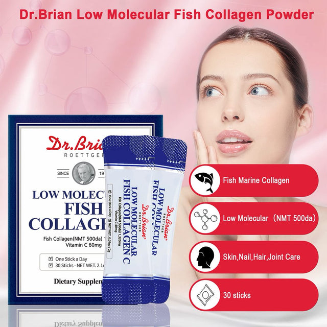 Dr.Brian Collagen Powder plus Vitamin C for Women Contains Low Molecular Fish Marine Collagen 1,320Mg &Vitamin C 600Mg Hydrolyzed Collagen Supplement for Skin anti Aging Nail Hair Joint Care 30 Sticks