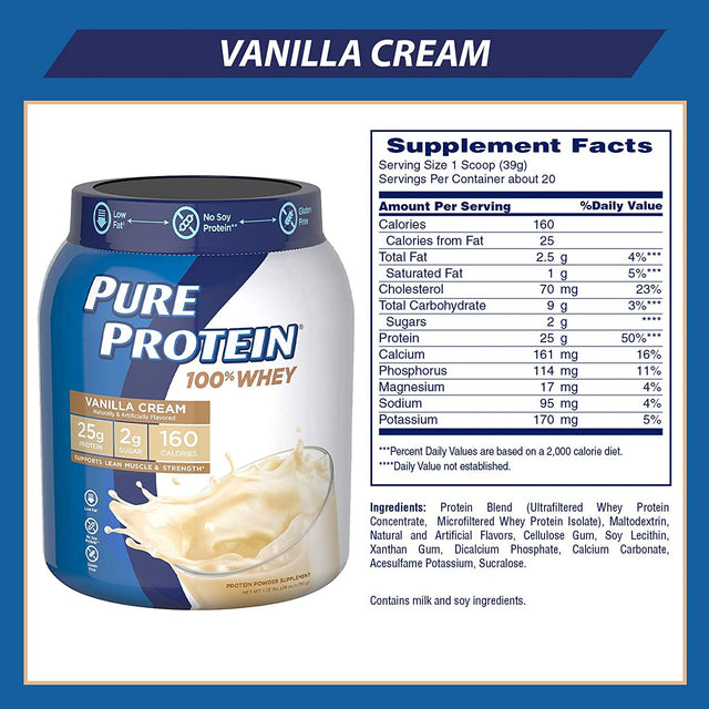 Whey Protein Powder by Pure Protein, Gluten Free, Vanilla Cream, 1.75Lbs, 2 Pack