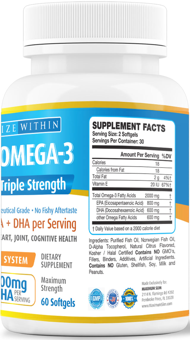 Max Omega 3 - Triple Strength Fish Oil Supplement, 60 Count