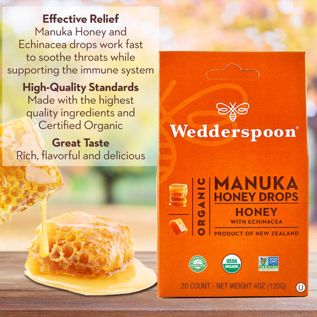 Wedderspoon Organic Manuka Honey Drops, Honey with Echinacea, 20 CT - Soothing Throat Drops