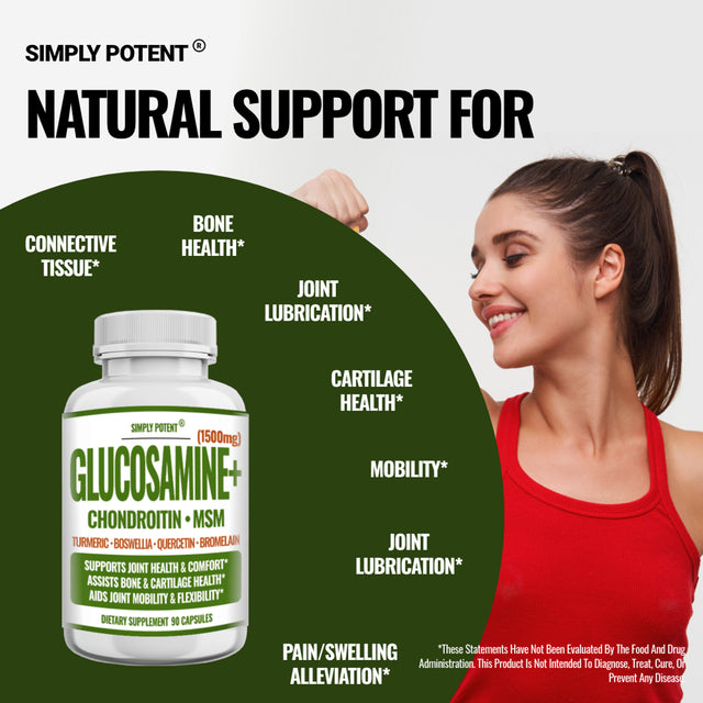 Glucosamine with Chondroitin, Turmeric, MSM & Boswellia, Supports Joint Health & Discomfort Relief, Assists Bone and Cartilage Health, Supplement for Back, Knees, Hands, 90 Capsules