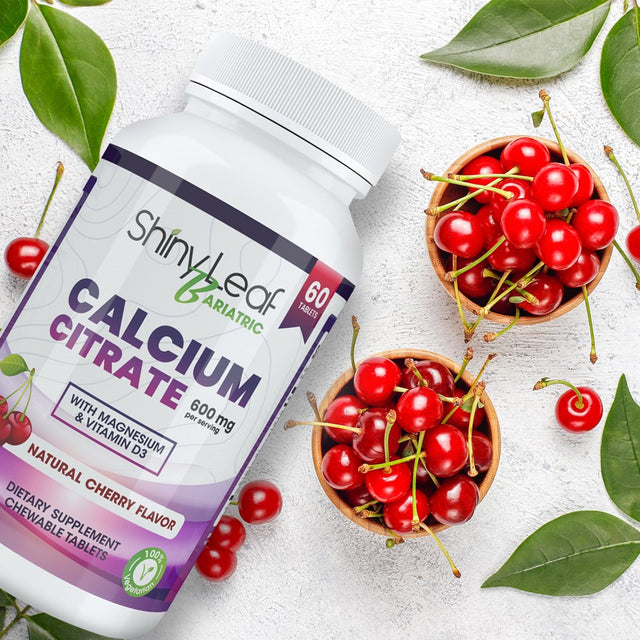 Shiny Leaf Bariatric Calcium Citrate 600 Mg Supplement for Bariatric Surgery Patients, 60 Ct Chewable Tablets with Magnesium, Vitamin D3, Natural Cherry Flavor, Vegetarian (1 Month)