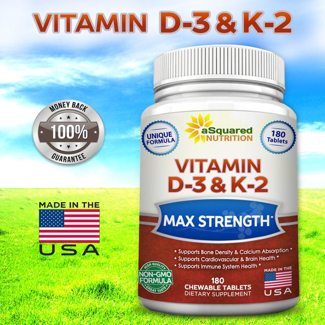 Vitamin D3 with K2 Supplement - 180 Chewable Tablets, Max Strength D-3 Cholecalciferol & K-2 MK7 to Support Healthy Bones, Teeth, Heart - Antioxidant D 3 & K 2 MK-7 Energy Formula for Men and Women