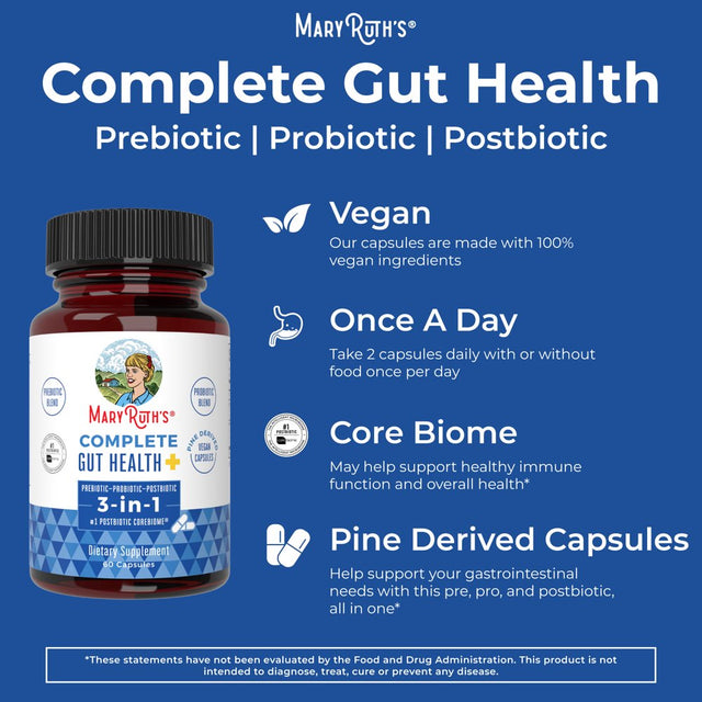 Maryruth Organics | 3-In-1 Prebiotic + Probiotic + Postbiotic | Complete Gut Health | Vegan, Non-Gmo | 60 Capsules