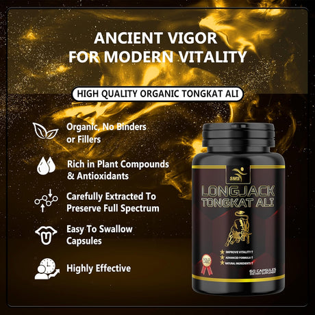 Tongkat Ali Root Extract - 200:1 Male Stamina and Vitality Pills- Potent Effective Natural, 60 Capsules (AKA Longjack, Eurycoma Longifolia, Malaysian Ginseng)