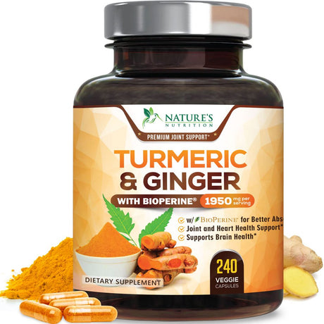 Turmeric Curcumin with Bioperine & Ginger 95% Standardized Curcuminoids 1950Mg Black Pepper for Max Absorption Joint Support, Nature'S Tumeric Herbal Extract Supplement, Vegan, Non-Gmo - 240 Capsules