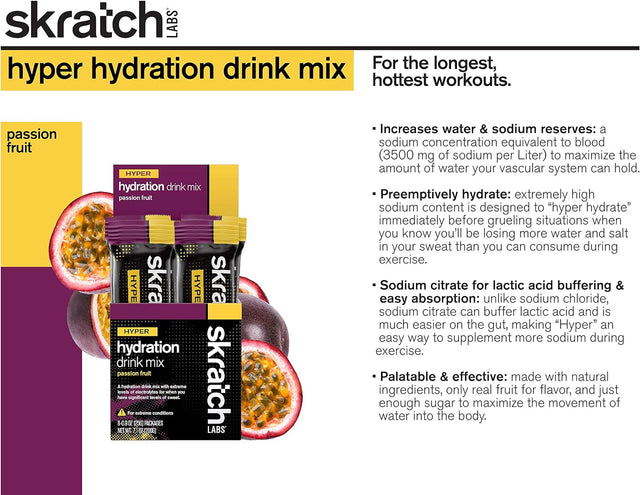 Skratch Labs High Sodium Electrolyte Powder Packets | Hydration Drink Mix | Hydration Packets Developed for Extreme Dehydration | Passion Fruit (8 Packets) | Non-Gmo, Vegan, Kosher